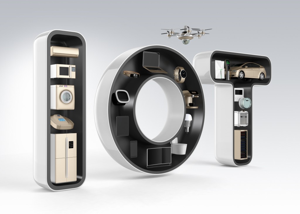 Smart appliances in word IoT. Internet of Things in consumer products concept. 3D rendering image in original design.