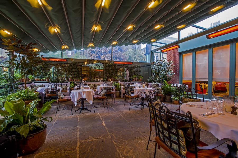 restaurant's terrace with heaters