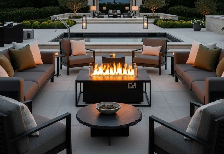 "Luxury outdoor patio with rectangular fire pit table, cushioned seating, and poolside ambiance.