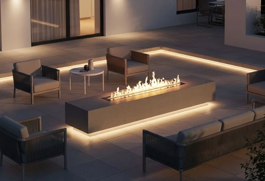 Modern outdoor patio with sleek rectangular bioethanol fire pit, lounge chairs, and warm ambient lighting.
