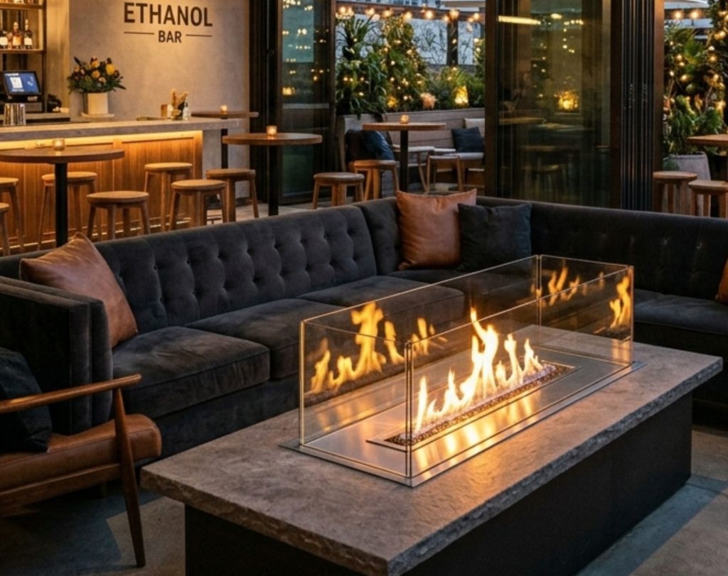 A stylish bar with a modern bio-ethanol fireplace creating a warm, relaxed atmosphere. T