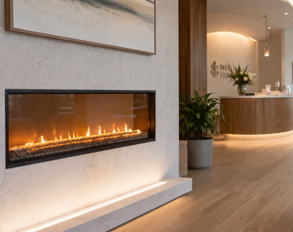 A modern, safe, and elegant indoor fireplace in a clean, calm, and welcoming clinic environment.