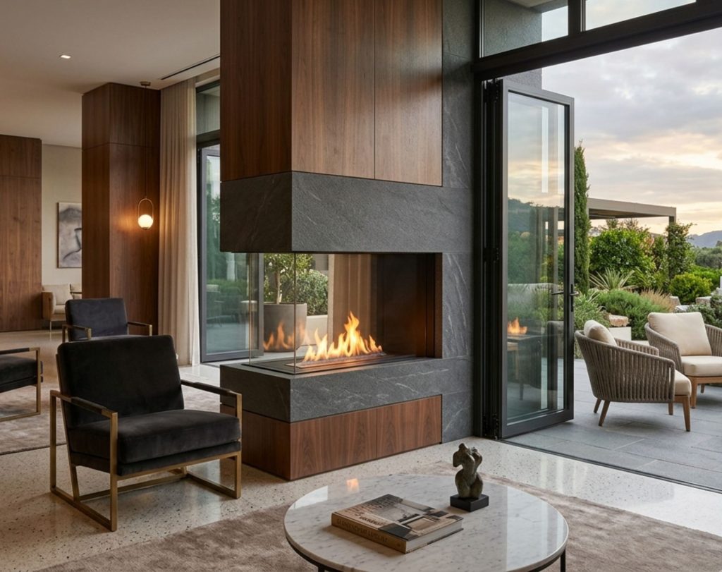 A luxurious hotel setting featuring a modern bio-ethanol fireplace as the main focal point.