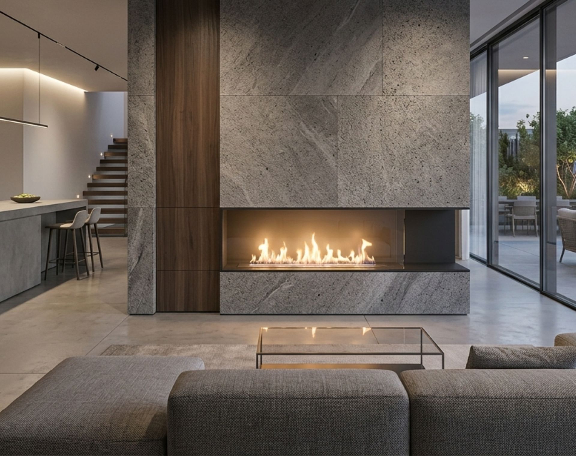 A sophisticated luxury redevelopment interior set within a restored historic building, featuring a modern bio-ethanol fireplace as the central focal point.
