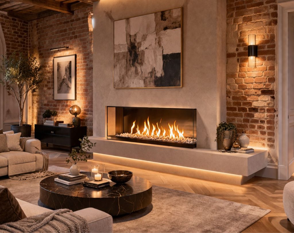 A refined luxury redevelopment interior inside a restored older building, featuring a modern bio-ethanol fireplace