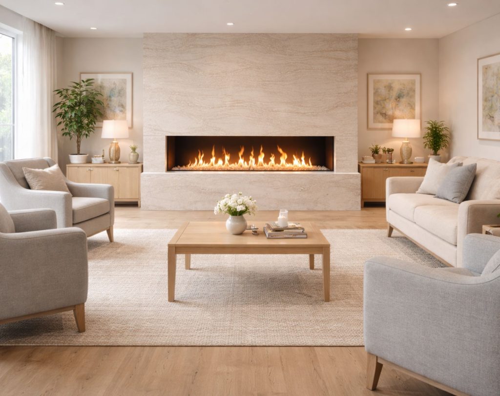 A modern, safe, and stylish indoor fireplace in a calm and welcoming environment suitable for care homes and clinics.