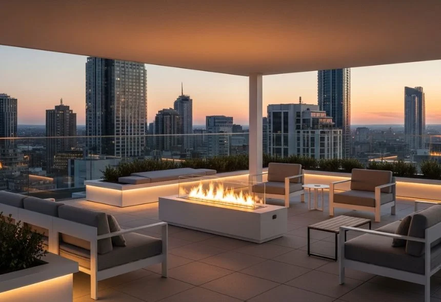 outdoor-bioethanol-fireplace-roofdeck modern rooftop terrace at sunset with city skyline view, featuring contemporary lounge seating around a glass‑enclosed bioethanol fire pit, warm ambient lighting, and a relaxing luxurious atmosphere.