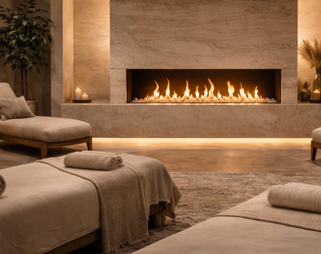 A serene luxury spa interior featuring a modern bio-ethanol fireplace