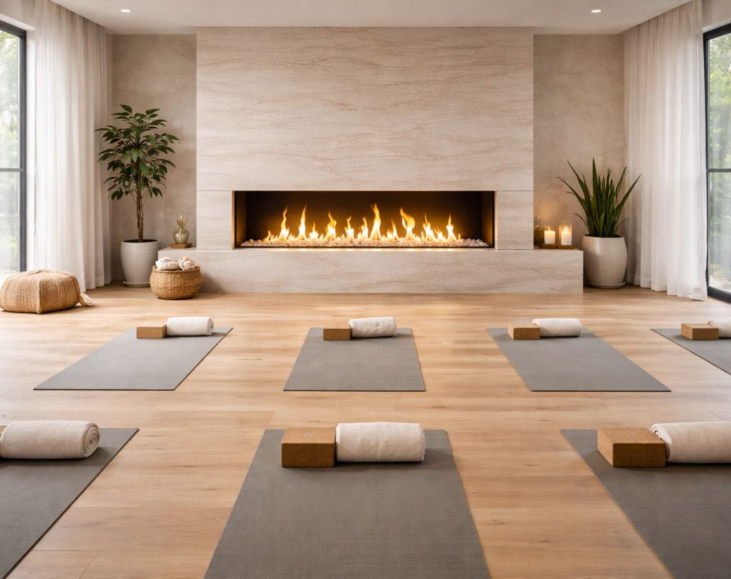 A clean and minimalist yoga studio interior featuring a modern bio-ethanol fireplace